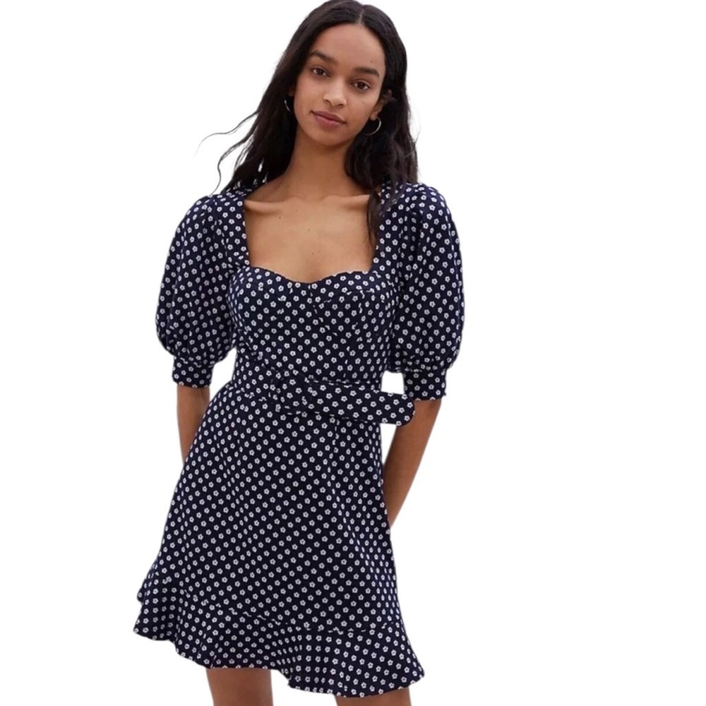 Anthropologie Hutch Jenessa Polka Dot Mini Dress Size 0 Fit Flare Puff Sleeve
